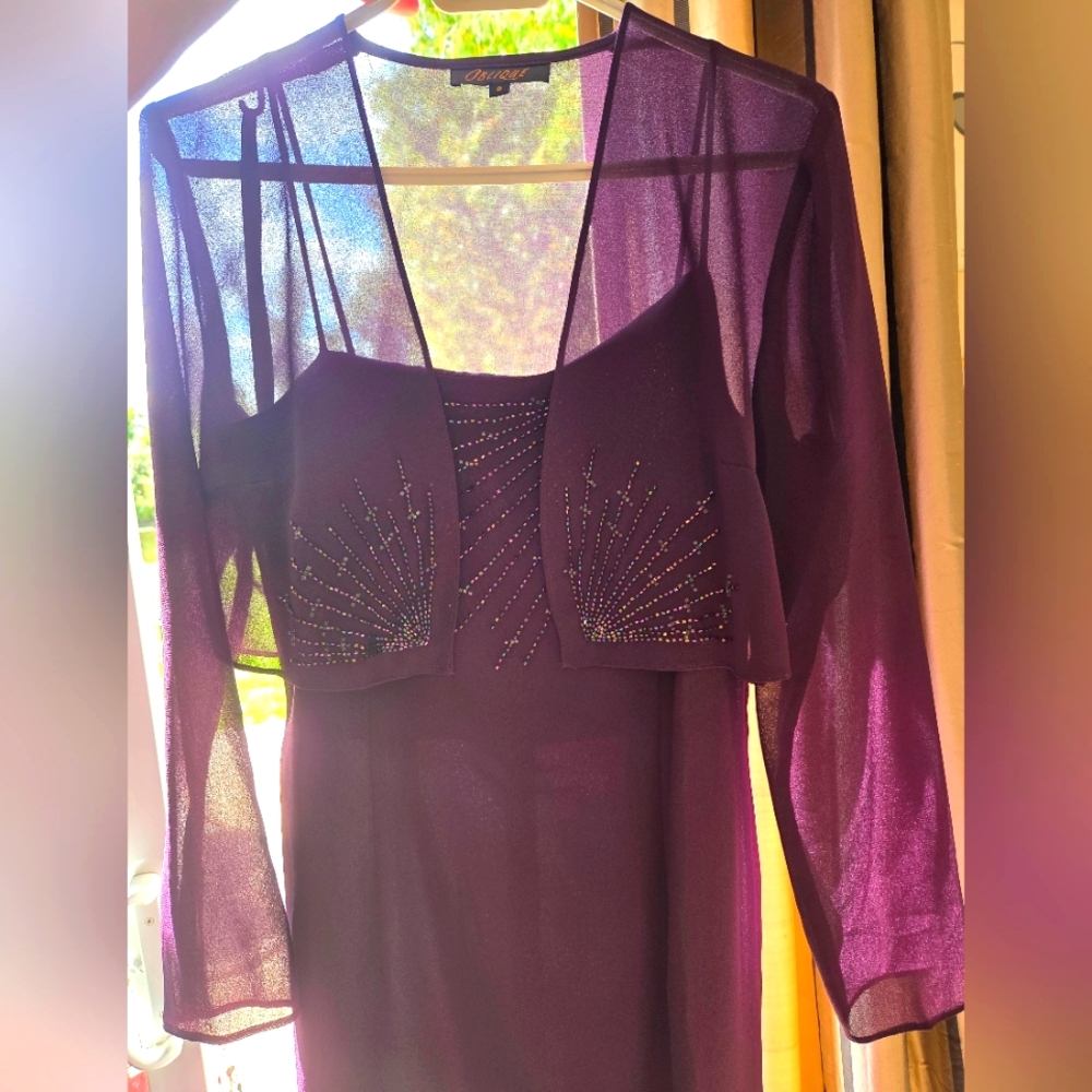 2 Pc Beaded Evening Set Purple Dress And Sheer Shawl
